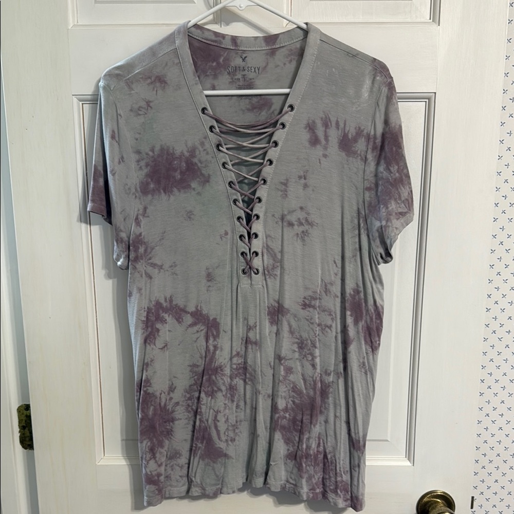 American Eagle Outfitters Gray and Purple Lace-Up V-Neck Tie-Dye Tee